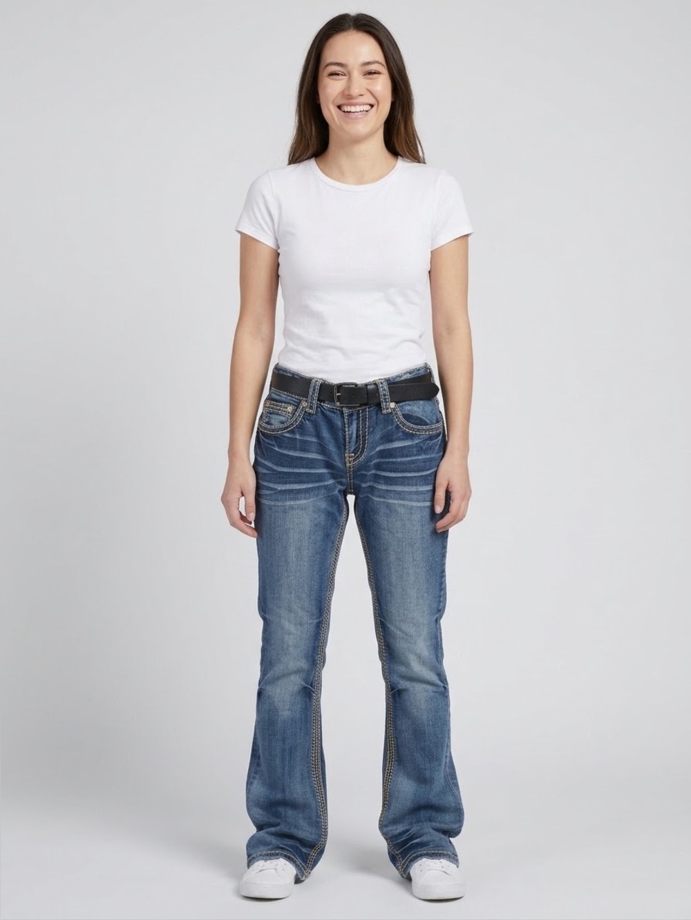 Amethyst Jeans Low Rise Bootcut with Faded Whisker Details & Subtle Bling Size 3